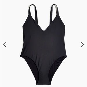 NWT Madewell V-Neck, Low Back One-Piece Swimsuit, Black